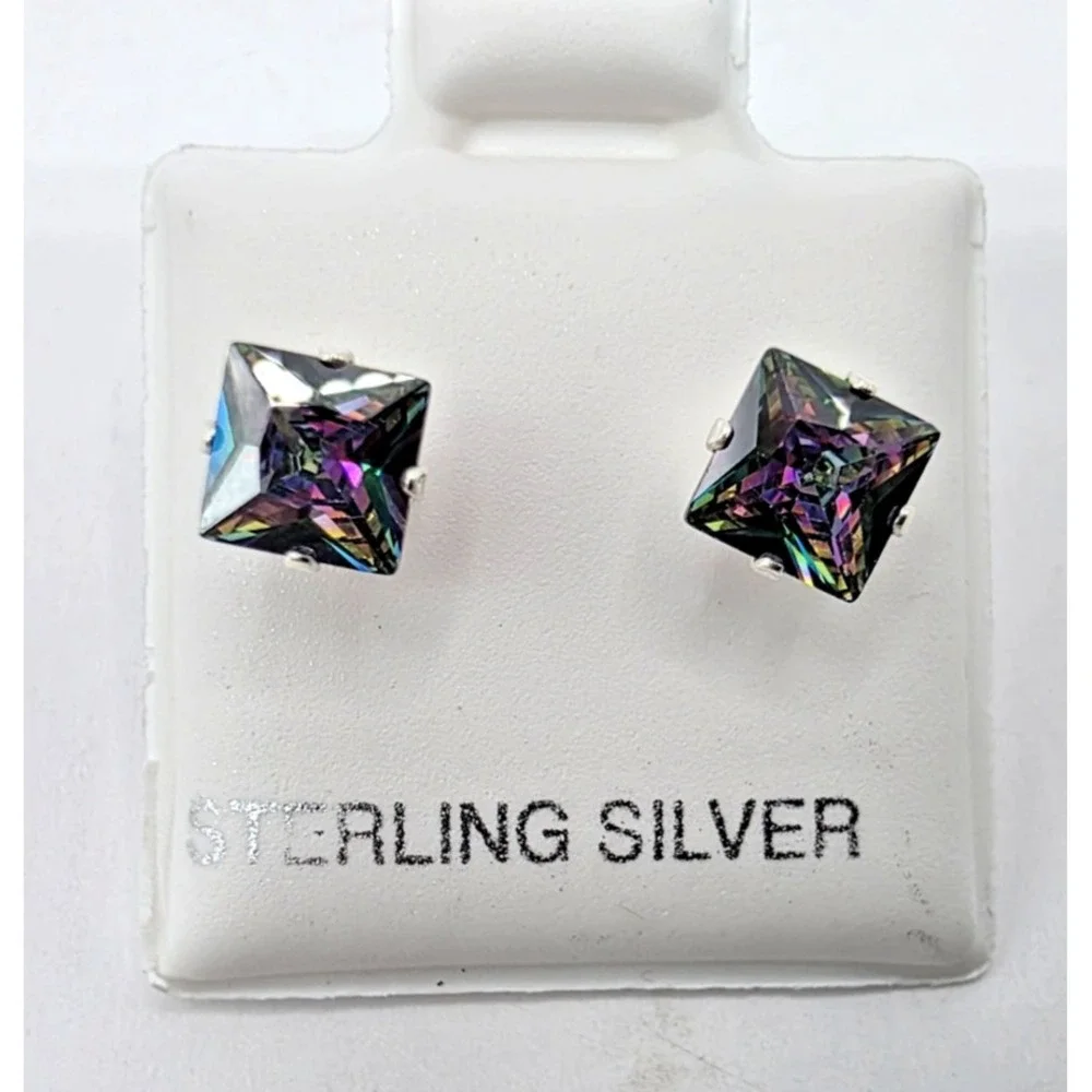 Mystic Topaz Princess Prong Sterling Silver 925 Stud Earrings 1.25 Carats NWOT